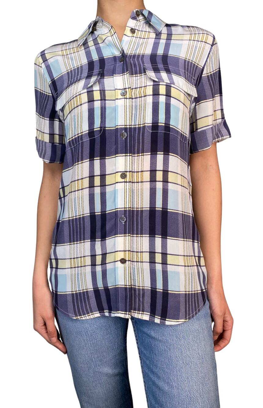 Equipment Femme XS 100% Silk Blue Green White Printed Button Up Collared Blouse